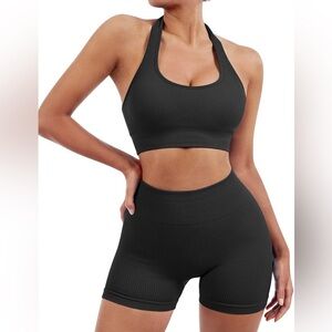 Seamless Ribbed Workout Set Backless Sports Bra Booty Biker Shorts.